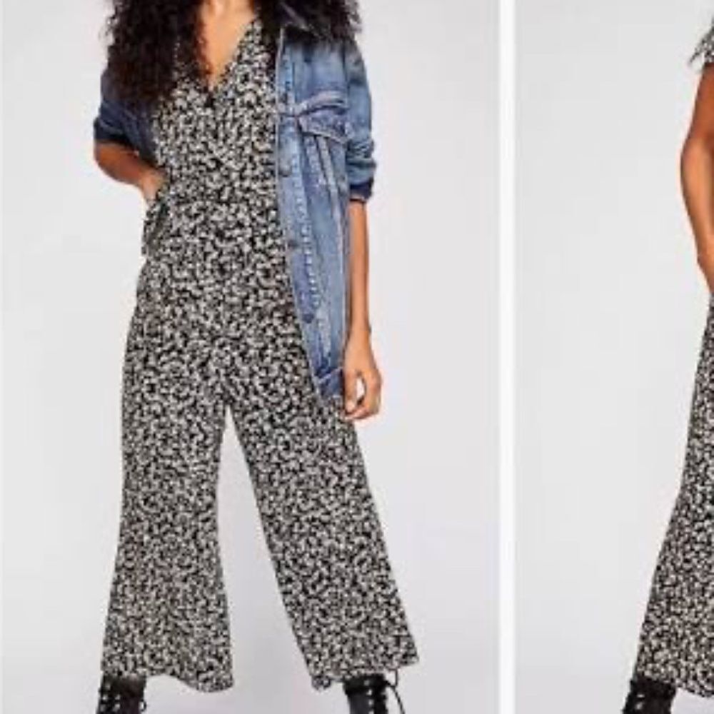Free People 'In The Valley Black/White‎ Floral Cropped Coverall Jumpsuit Sz 6